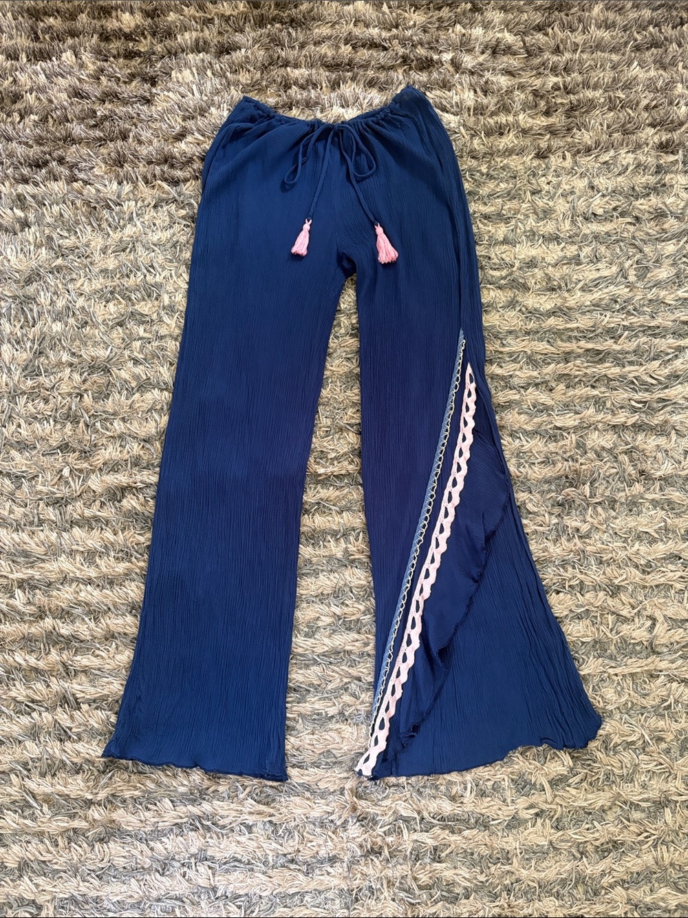 Navy Tassel Drawstring Flared Pants with Pink Trim, Asymmetric Lace Side Slit